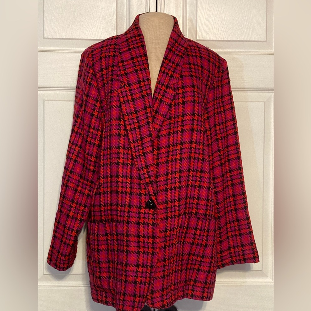 Vintage Item Eyes Women's size 16 Blazer‎ Jacket Red Purple Plaid Boxy Preppy